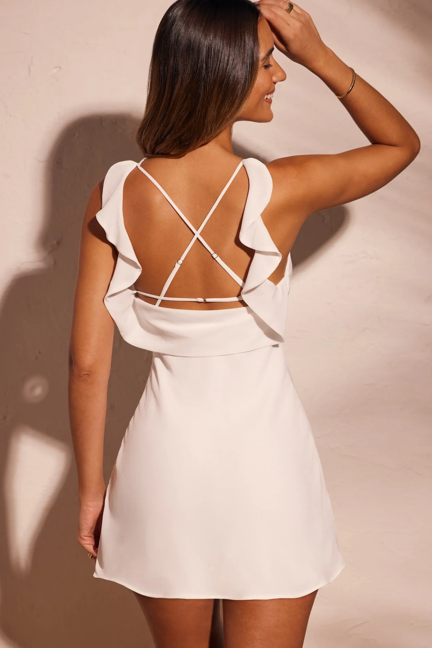 Oh Polly Women'S Clothing Sale - $65 And Under | Women'S Clothing Sale - $40 And Under^Asymmetric Cowl Neck Backless Georgette Mini Dress in White