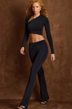 Oh Polly Bottoms | Co-Ords^Asymmetric Draped Mid-Rise Flared Trousers in Black
