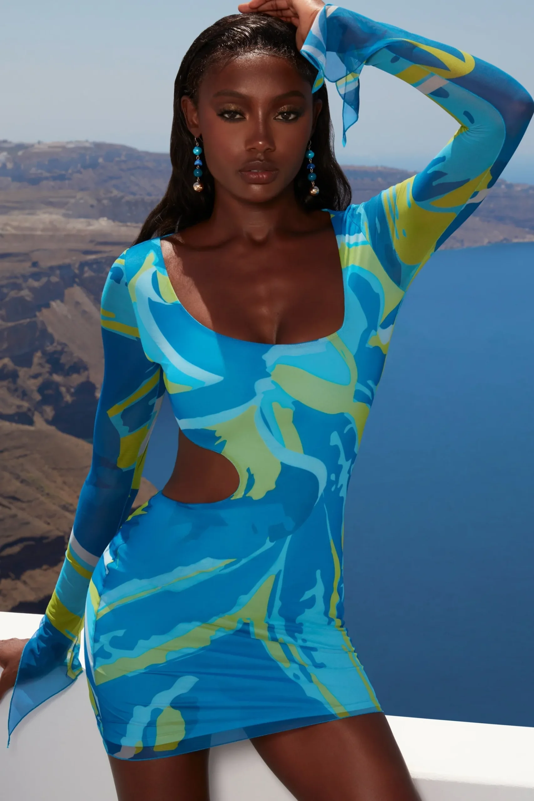 Oh Polly Women'S Clothing Sale - $65 And Under | Women'S Clothing Sale - $40 And Under^Asymmetric Long Sleeve Mini Dress in Print Blue