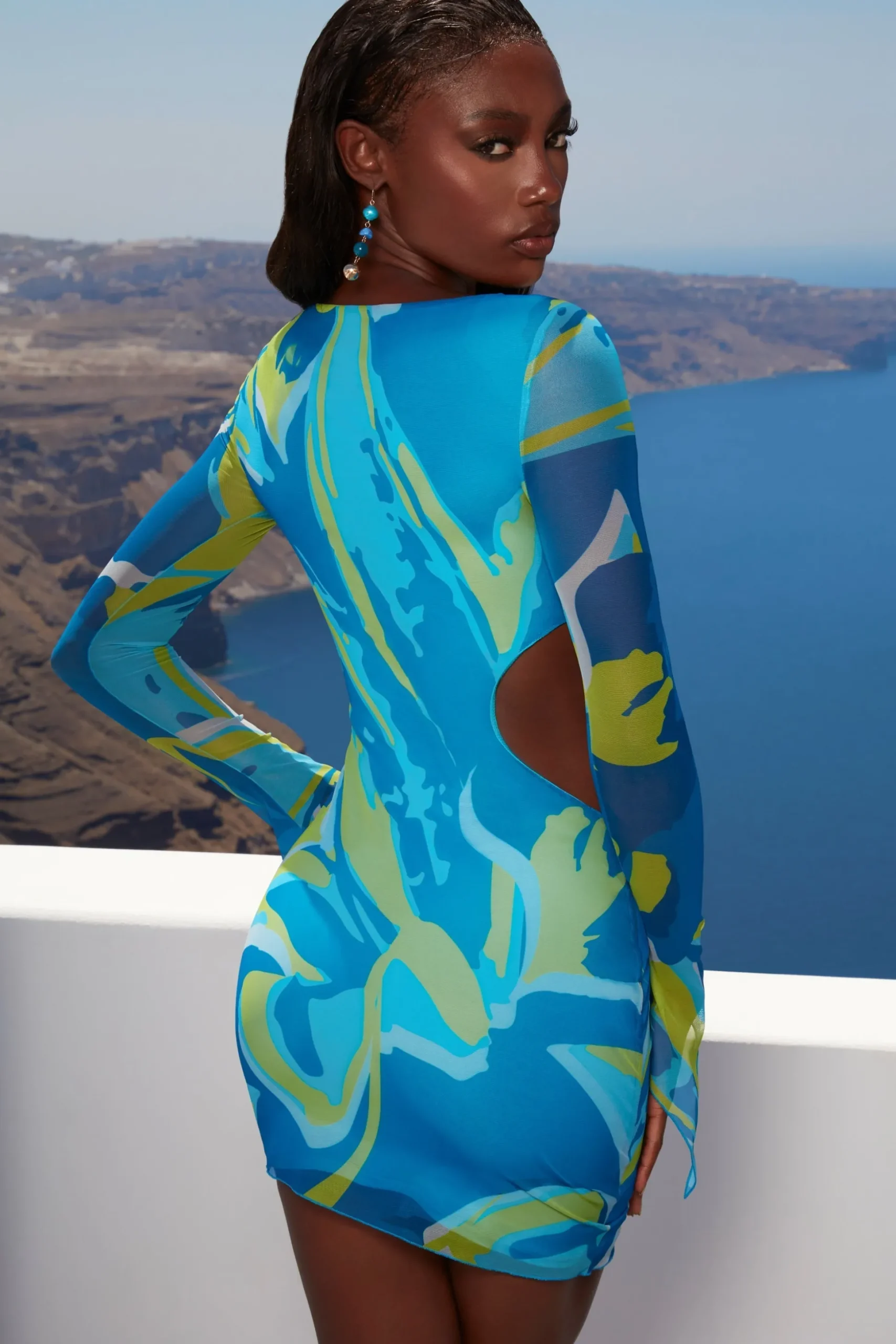 Oh Polly Women'S Clothing Sale - $65 And Under | Women'S Clothing Sale - $40 And Under^Asymmetric Long Sleeve Mini Dress in Print Blue