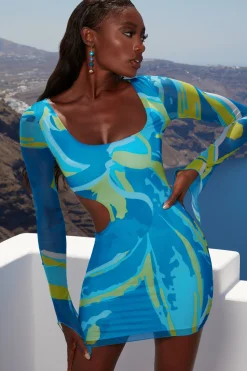 Oh Polly Women'S Clothing Sale - $65 And Under | Women'S Clothing Sale - $40 And Under^Asymmetric Long Sleeve Mini Dress in Print Blue