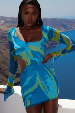 Oh Polly Women'S Clothing Sale - $65 And Under | Women'S Clothing Sale - $40 And Under^Asymmetric Long Sleeve Mini Dress in Print Blue