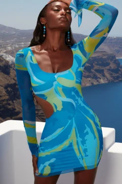 Oh Polly Women'S Clothing Sale - $65 And Under | Women'S Clothing Sale - $40 And Under^Asymmetric Long Sleeve Mini Dress in Print Blue