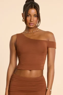 Oh Polly Co-Ords | Tops^Asymmetric Neck Ruched Modal Cashmere Blend Top in Chestnut Brown ChestnutBrown