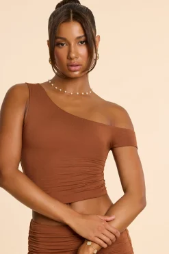 Oh Polly Co-Ords | Tops^Asymmetric Neck Ruched Modal Cashmere Blend Top in Chestnut Brown ChestnutBrown