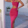 Oh Polly Tencel™ Modal Dresses^Asymmetric Neckline Ruched Cut Out Maxi Dress in Fuchsia