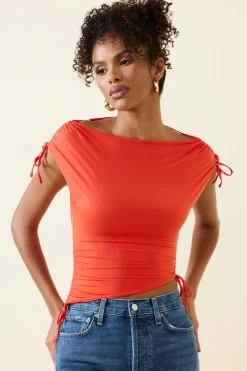 Oh Polly Tops^Asymmetric Ruched Cowl-Back Crop Top in Scarlet