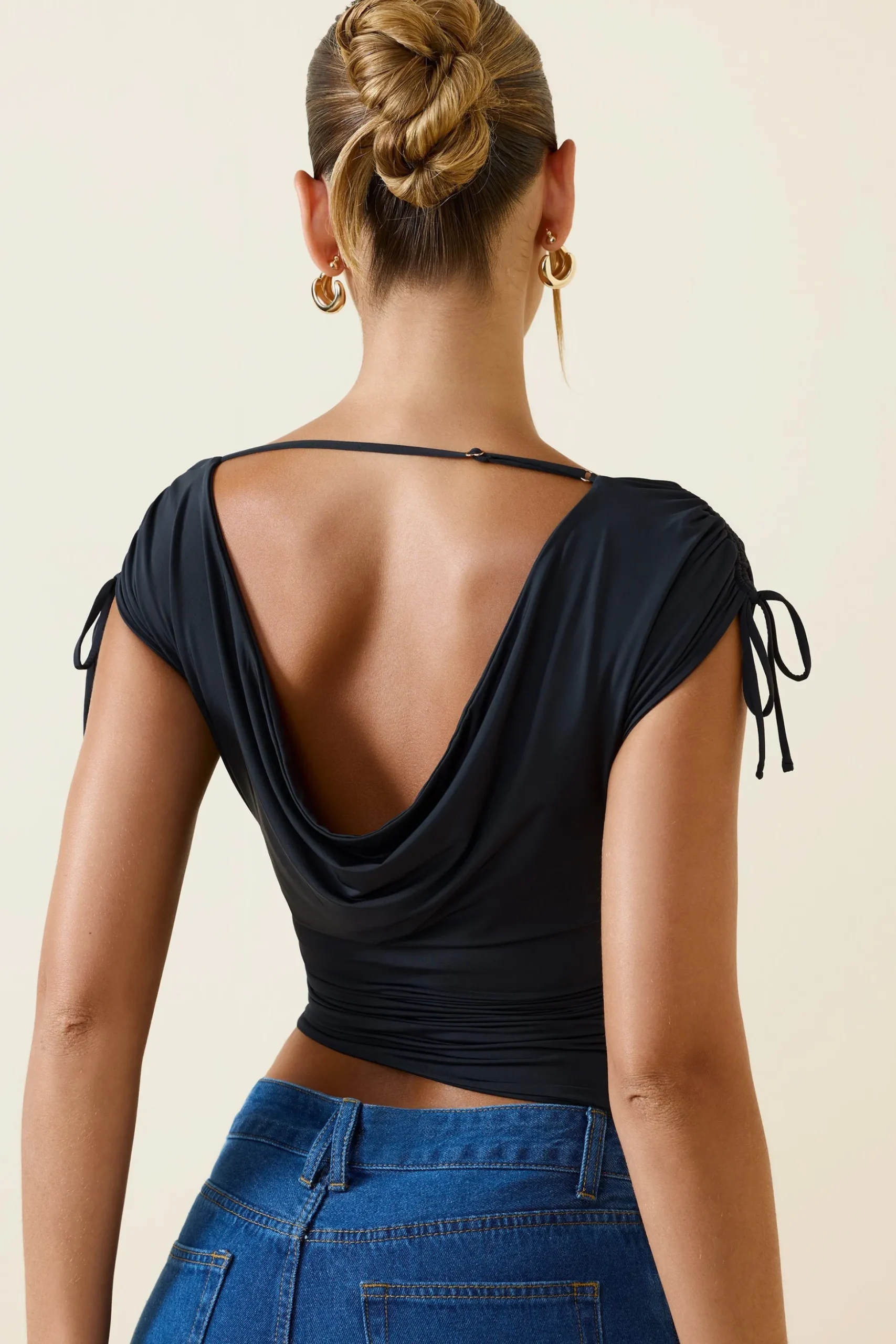 Oh Polly Co-Ords | Tops^Asymmetric Ruched Cowl-Back Crop Top in Black