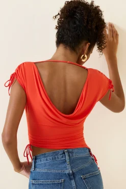 Oh Polly Tops^Asymmetric Ruched Cowl-Back Crop Top in Scarlet