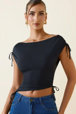 Oh Polly Co-Ords | Tops^Asymmetric Ruched Cowl-Back Crop Top in Black