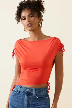 Oh Polly Tops^Asymmetric Ruched Cowl-Back Crop Top in Scarlet