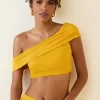 Oh Polly Co-Ords | Tops^Asymmetric Ruched Off-Shoulder Crop Top in Golden Yellow GoldenYellow