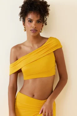 Oh Polly Co-Ords | Tops^Asymmetric Ruched Off-Shoulder Crop Top in Golden Yellow GoldenYellow
