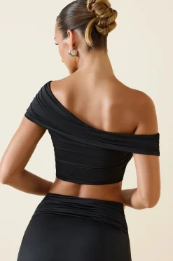 Oh Polly Co-Ords | Tops^Asymmetric Ruched Off-Shoulder Crop Top in Black