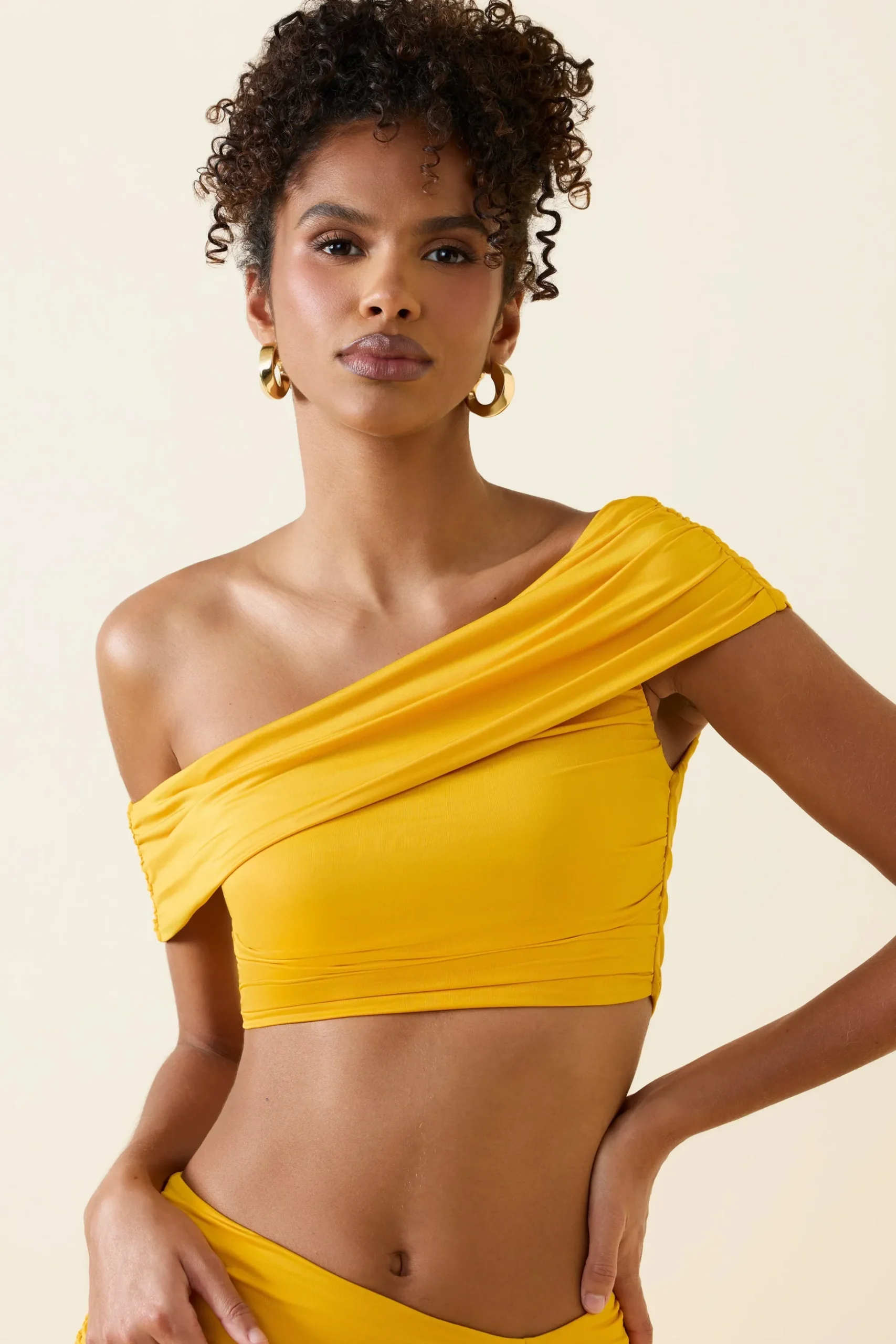 Oh Polly Co-Ords | Tops^Asymmetric Ruched Off-Shoulder Crop Top in Golden Yellow GoldenYellow