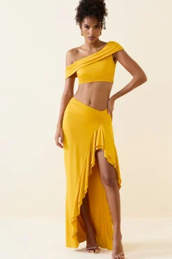 Oh Polly Bottoms | Co-Ords^Asymmetric Ruffled Low-Rise Maxi Skirt in Golden Yellow GoldenYellow