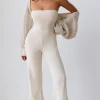 Oh Polly Knitwear^Bandeau Kick Flare Chunky Knit Jumpsuit in Cream