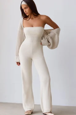 Oh Polly Knitwear^Bandeau Kick Flare Chunky Knit Jumpsuit in Cream