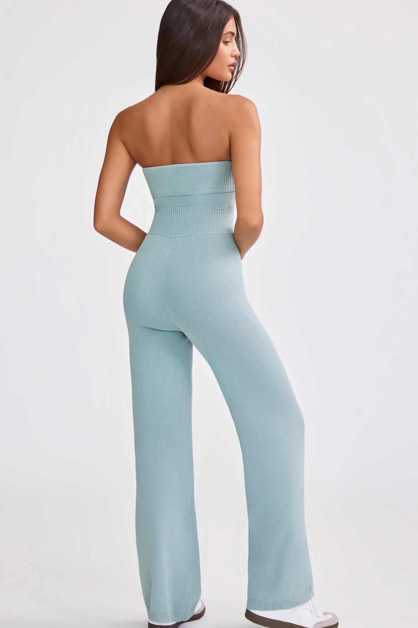 Oh Polly Knitwear^Bandeau Kick Flare Chunky Knit Jumpsuit in Dusty Teal DustyTeal