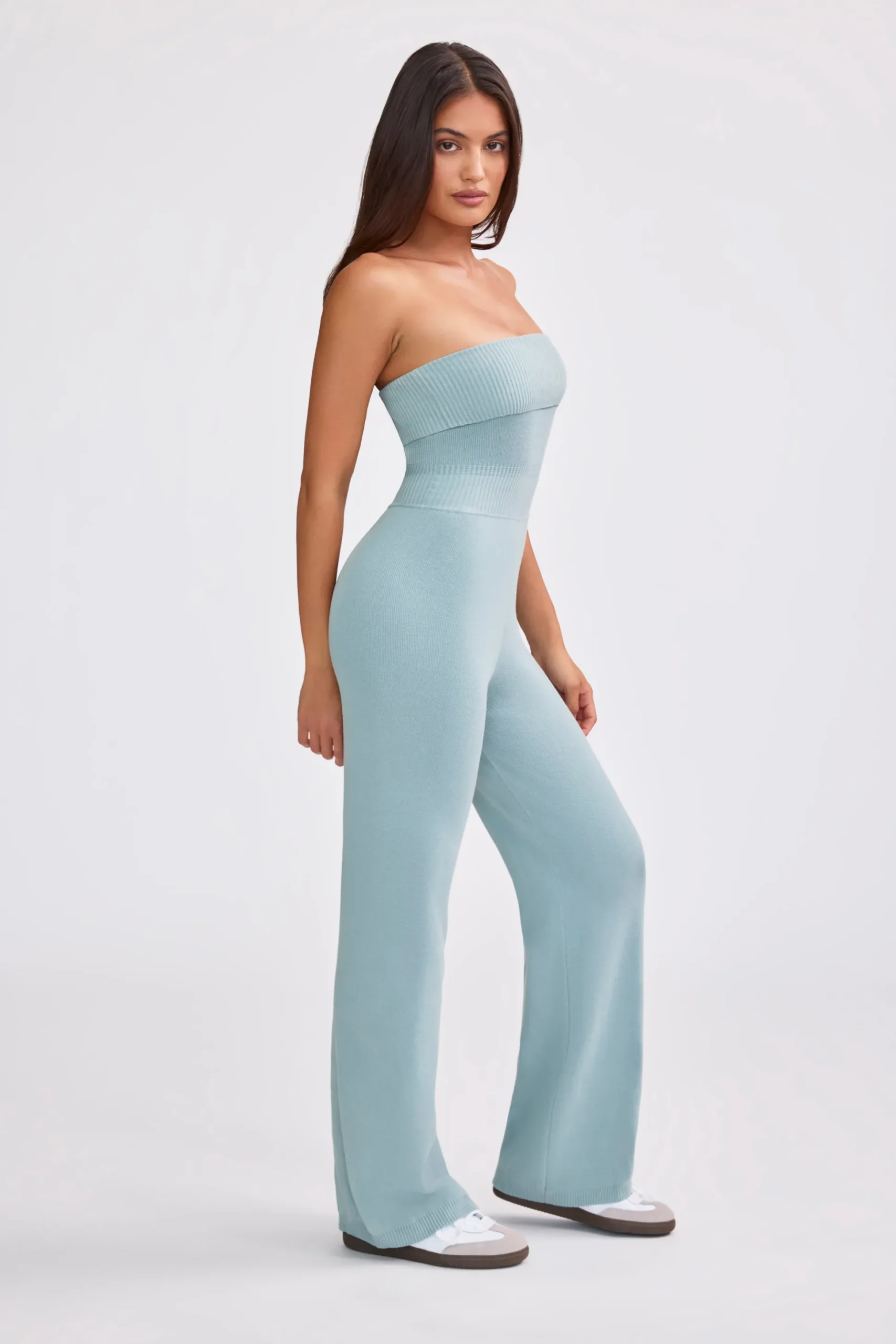 Oh Polly Knitwear^Bandeau Kick Flare Chunky Knit Jumpsuit in Dusty Teal DustyTeal