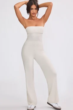 Oh Polly Knitwear^Bandeau Kick Flare Chunky Knit Jumpsuit in Cream