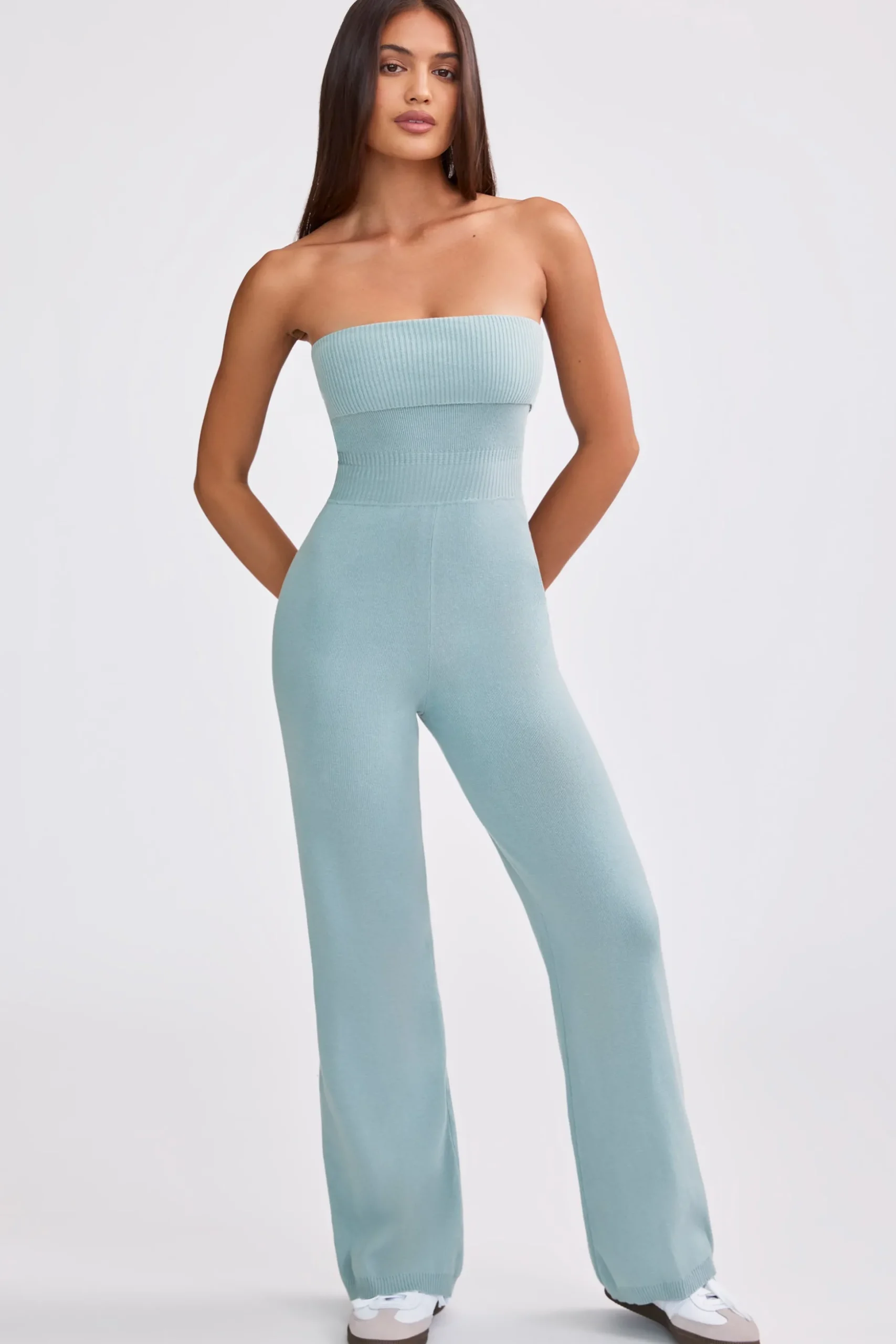 Oh Polly Knitwear^Bandeau Kick Flare Chunky Knit Jumpsuit in Dusty Teal DustyTeal