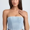 Oh Polly Co-Ords | Tops^Bandeau Lace-Up Corset Crop Top in Light Blue Stonewash LightBlueStonewash