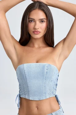 Oh Polly Co-Ords | Tops^Bandeau Lace-Up Corset Crop Top in Light Blue Stonewash LightBlueStonewash