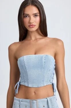 Oh Polly Co-Ords | Tops^Bandeau Lace-Up Corset Crop Top in Light Blue Stonewash LightBlueStonewash