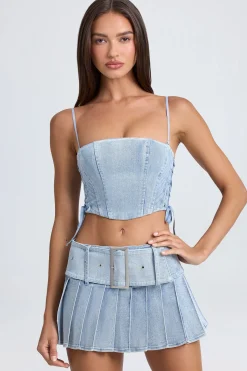 Oh Polly Co-Ords | Tops^Bandeau Lace-Up Corset Crop Top in Light Blue Stonewash LightBlueStonewash