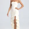 Oh Polly Bride To Be | Homecoming Dresses^Bandeau Ruched Ruffle-Trim Maxi Dress in Ivory