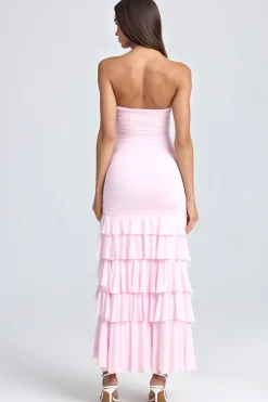 Oh Polly Wedding Guest | Homecoming Dresses^Bandeau Ruched Ruffle-Trim Maxi Dress in Blush