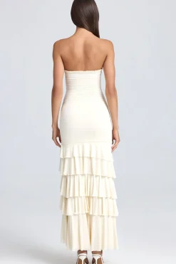 Oh Polly Bride To Be | Homecoming Dresses^Bandeau Ruched Ruffle-Trim Maxi Dress in Ivory