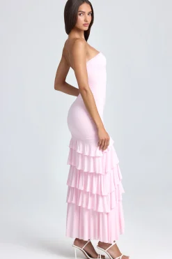 Oh Polly Wedding Guest | Homecoming Dresses^Bandeau Ruched Ruffle-Trim Maxi Dress in Blush