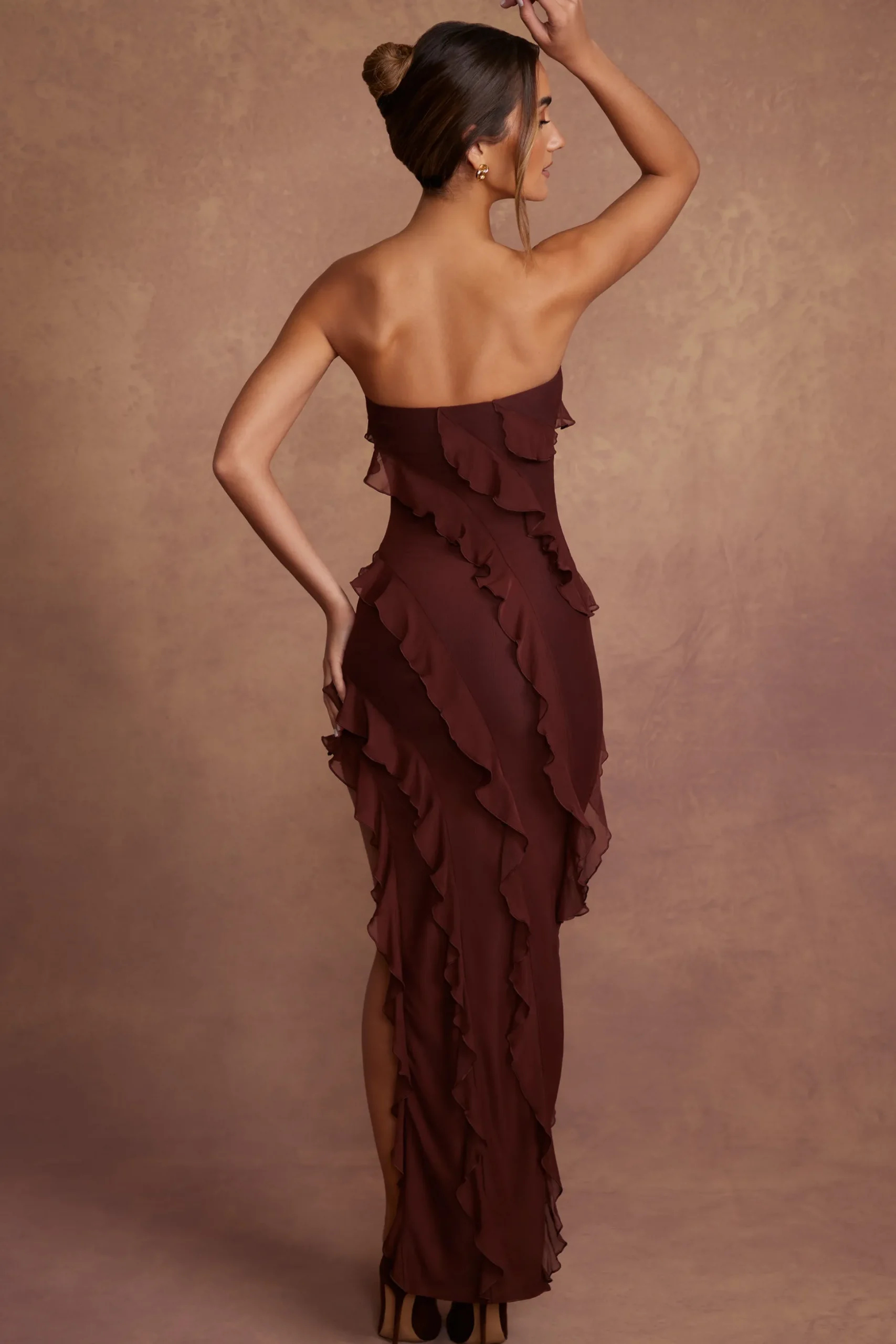 Oh Polly Wedding Guest | Mesh Dresses^Bandeau Ruffle Detail Maxi Dress in Brown