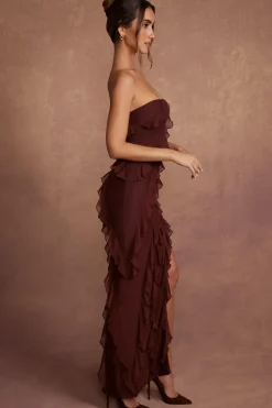 Oh Polly Wedding Guest | Mesh Dresses^Bandeau Ruffle Detail Maxi Dress in Brown