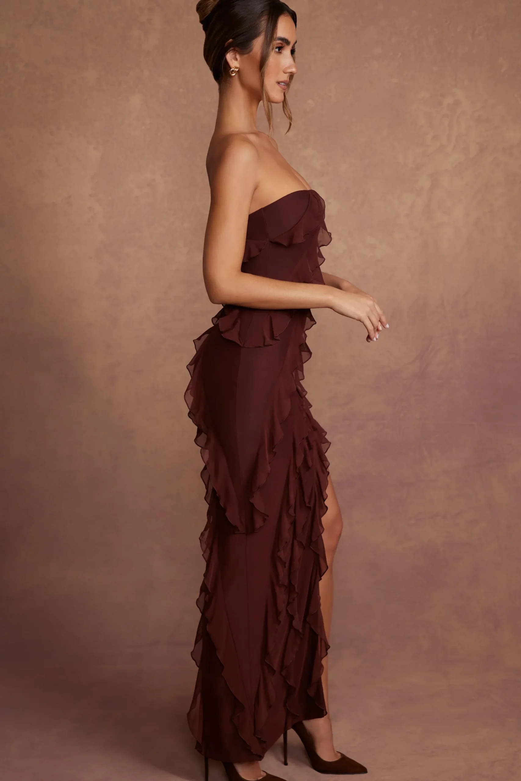 Oh Polly Wedding Guest | Mesh Dresses^Bandeau Ruffle Detail Maxi Dress in Brown
