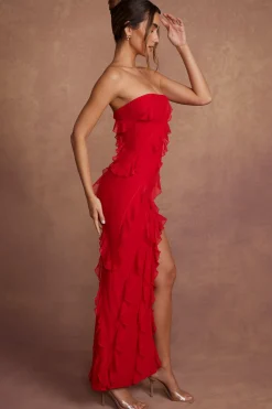 Oh Polly Wedding Guest | Party Dresses^Bandeau Ruffle Detail Maxi Dress in Red