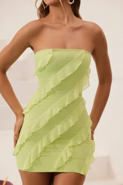 Oh Polly Mesh Dresses^Bandeau Ruffle Detail Mini Dress in Lime Green LimeGreen