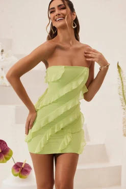 Oh Polly Mesh Dresses^Bandeau Ruffle Detail Mini Dress in Lime Green LimeGreen