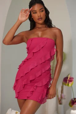 Oh Polly Mesh Dresses^Bandeau Ruffle Detail Mini Dress in Fuchsia