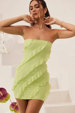 Oh Polly Mesh Dresses^Bandeau Ruffle Detail Mini Dress in Lime Green LimeGreen