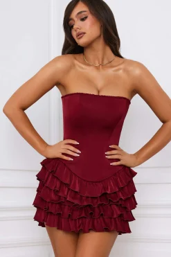 Oh Polly Skirts & Skorts | Party Dresses^Bandeau Ruffled Tiered Corset Mini Dress in Berry Red BerryRed