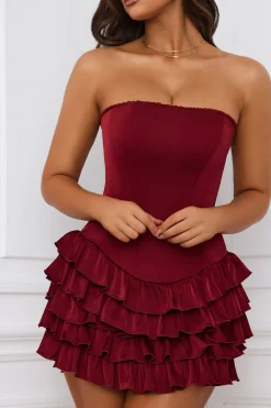 Oh Polly Skirts & Skorts | Party Dresses^Bandeau Ruffled Tiered Corset Mini Dress in Berry Red BerryRed