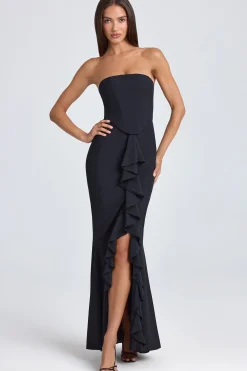 Oh Polly Georgette And Chiffon | Satin Dresses^Bandeau Ruffle-Trim Corset Gown in Black