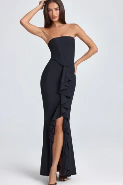 Oh Polly Georgette And Chiffon | Satin Dresses^Bandeau Ruffle-Trim Corset Gown in Black