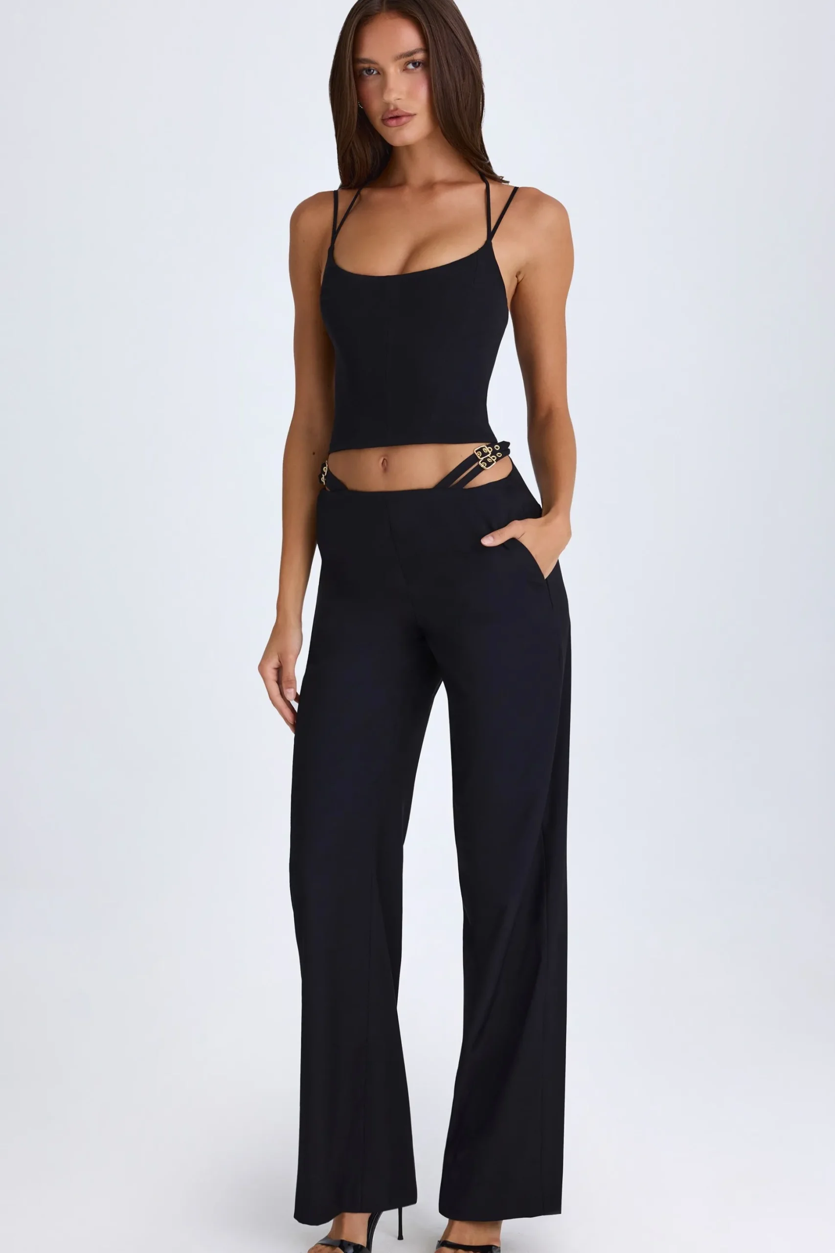 Oh Polly Fall Outfits^Belted Cut-Out Wide-Leg Trousers in Black