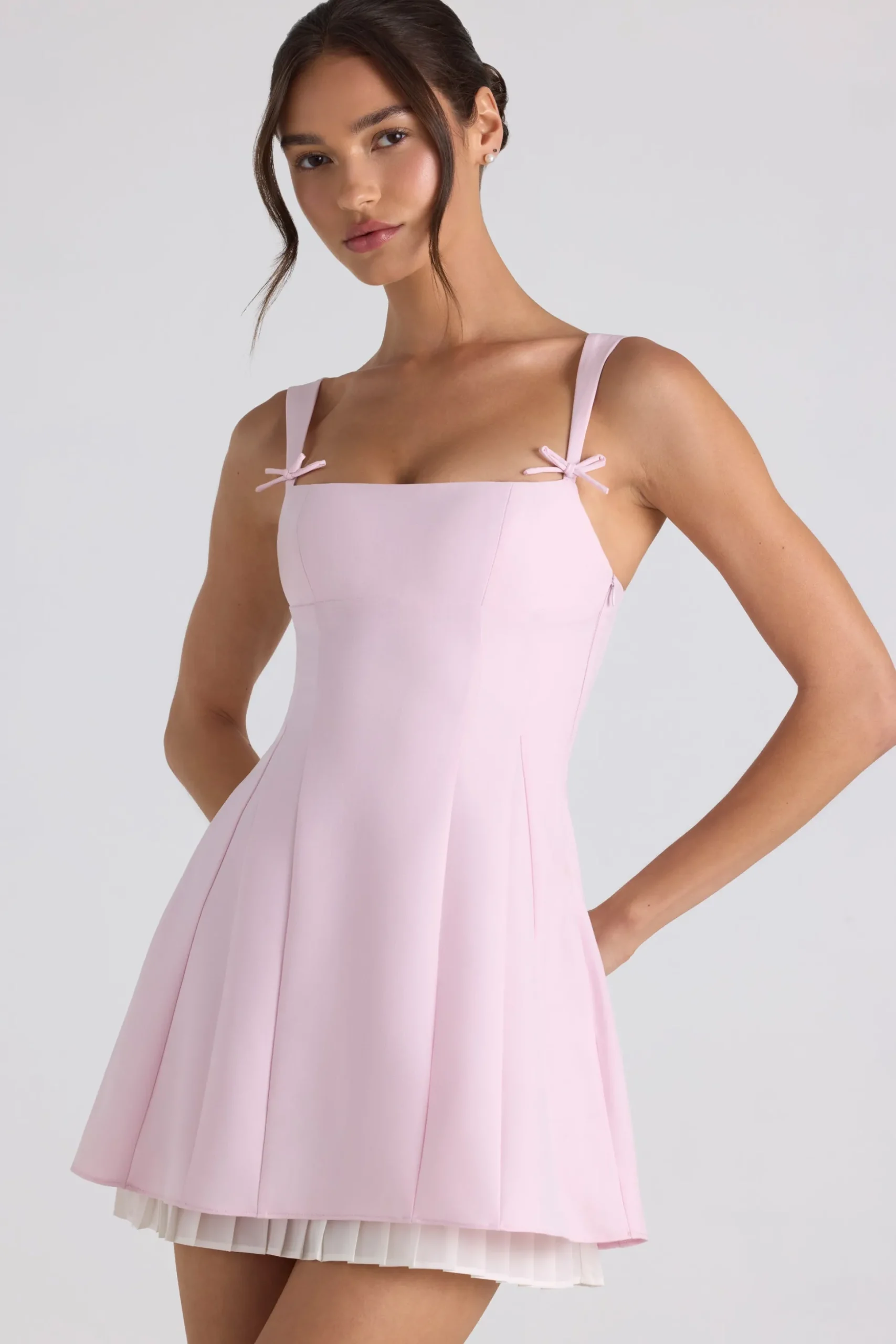 Oh Polly Georgette And Chiffon^Bow-Detail Pleated A-Line Mini Dress in Soft Pink SoftPink