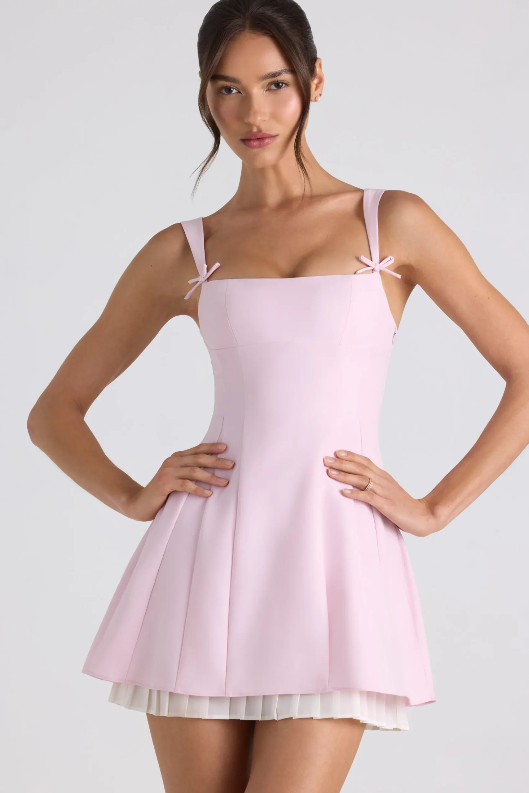 Oh Polly Georgette And Chiffon^Bow-Detail Pleated A-Line Mini Dress in Soft Pink SoftPink