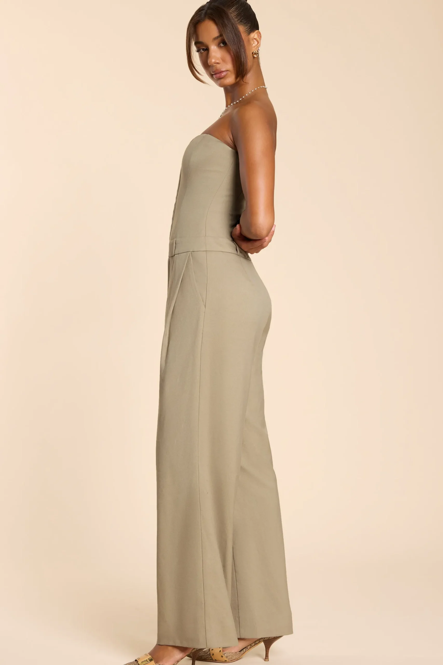 Oh Polly Jumpsuits & Unitards | Fall Outfits^Brushed Twill Bandeau Corset Jumpsuit in Taupe